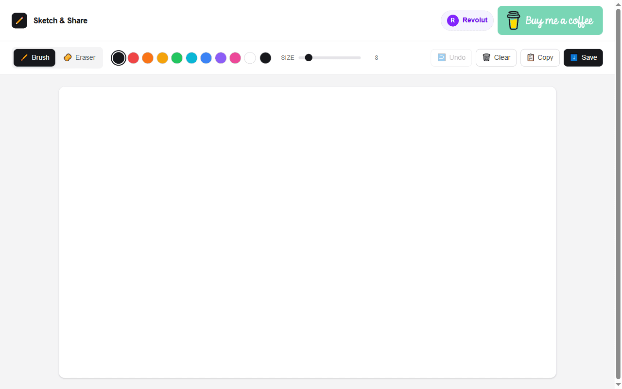 Sketch & Share in the browser: a toolbar with brush, eraser, colour swatches, size slider, undo, clear, copy and save above a blank canvas.