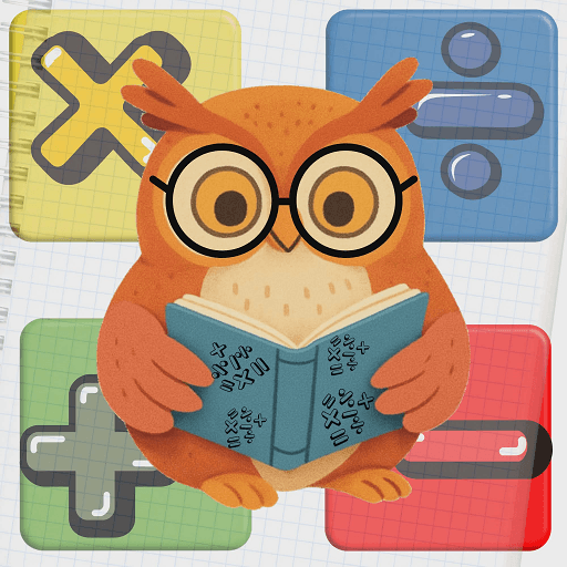 SmartTimes app icon: an owl in glasses reading a book, in front of multiplication, division, plus and minus tiles.